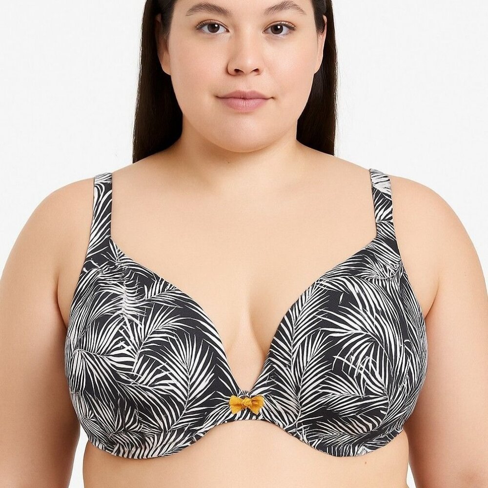 Cacique 46DDD Plunge Bra Palm Print Cotton Boost Black Plus Size